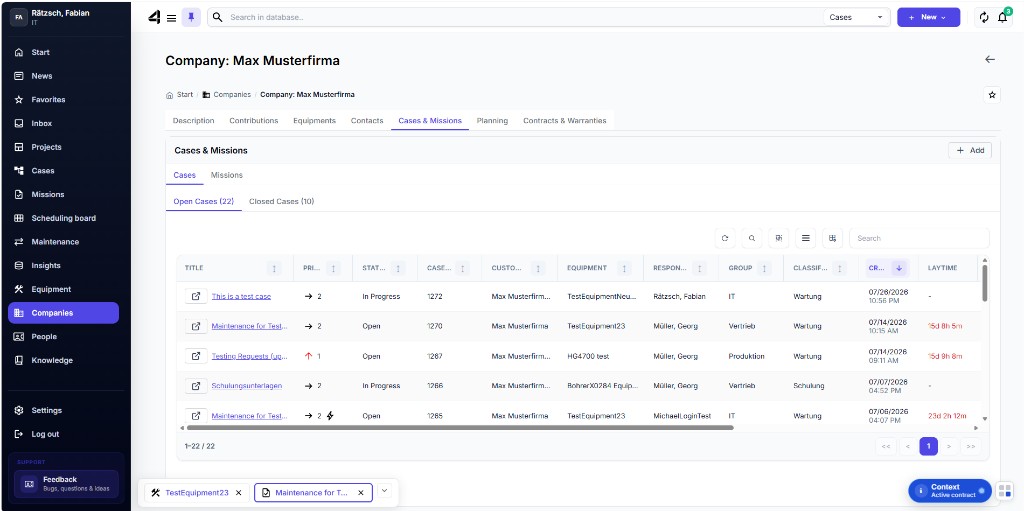 Company dashboard with cases
