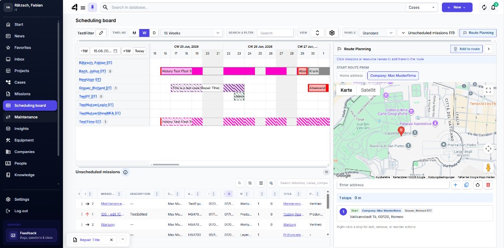 Route planner with map and selected missions