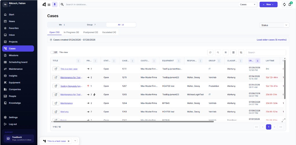 Cases list in table view