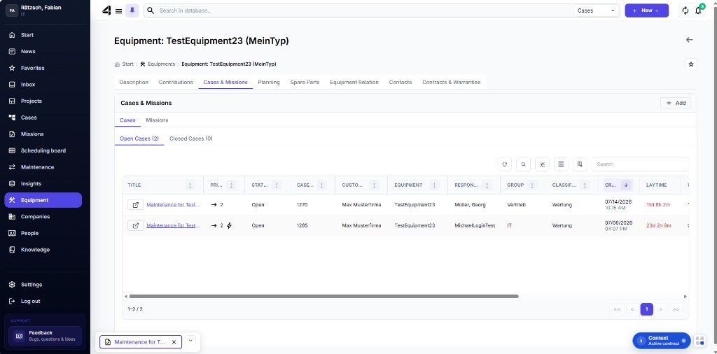 Equipment dashboard with linked cases