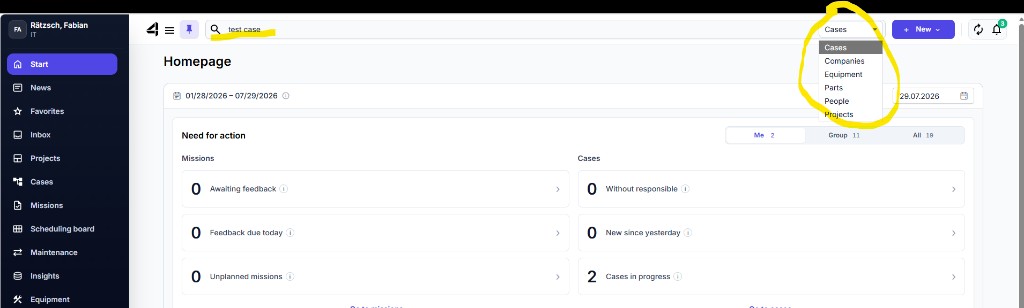 Global search with area dropdown