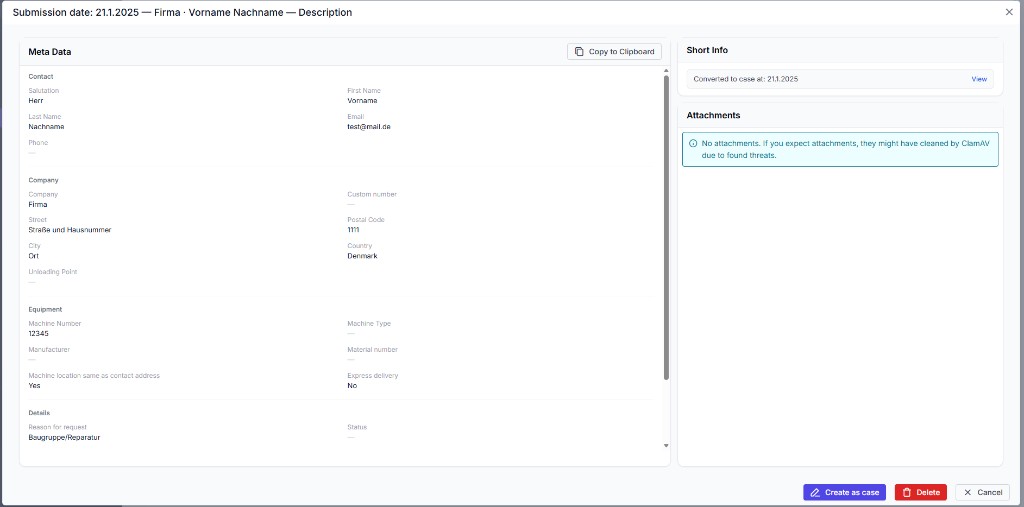 Inbox entry with Create as case