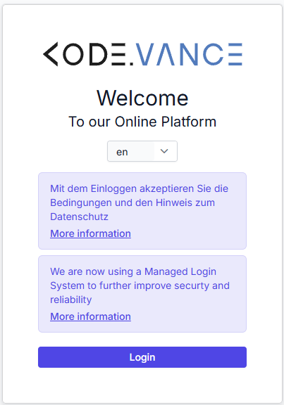 Welcome page with Login button